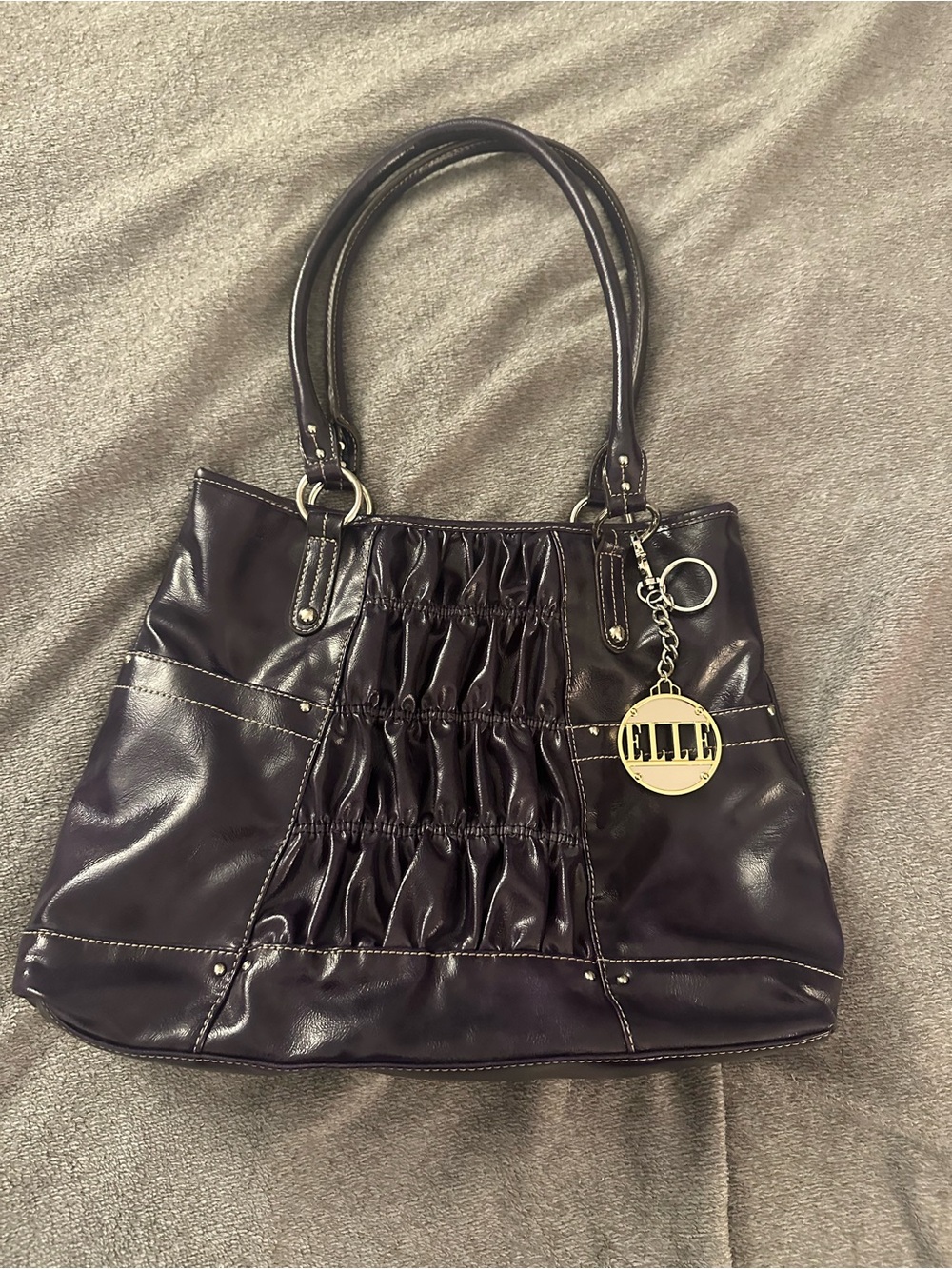 Elle Deep Purple y2k Patent Shoulder Tote with Gold Logo Charm